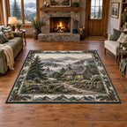 Stone cottage area rug with mossy wall, winding path and misty woodland in a rustic hearth setting.