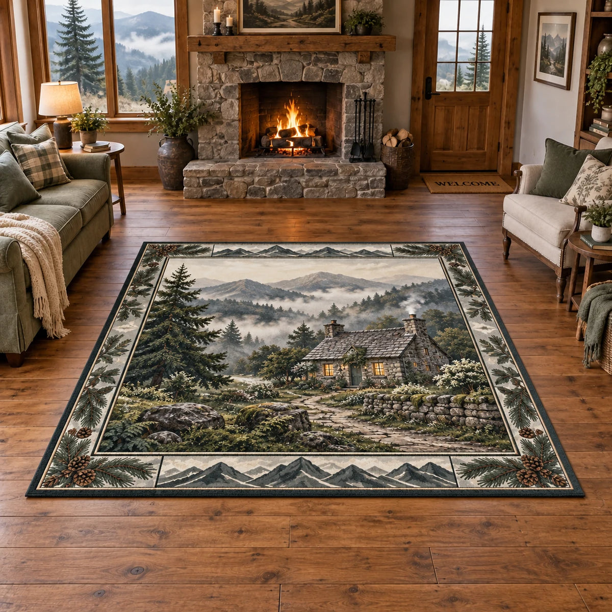 Stone cottage area rug with mossy wall, winding path and misty woodland in a rustic hearth setting.
