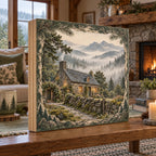 Stone cottage wooden block with mossy wall, winding path and misty woodland in a rustic hearth setting.