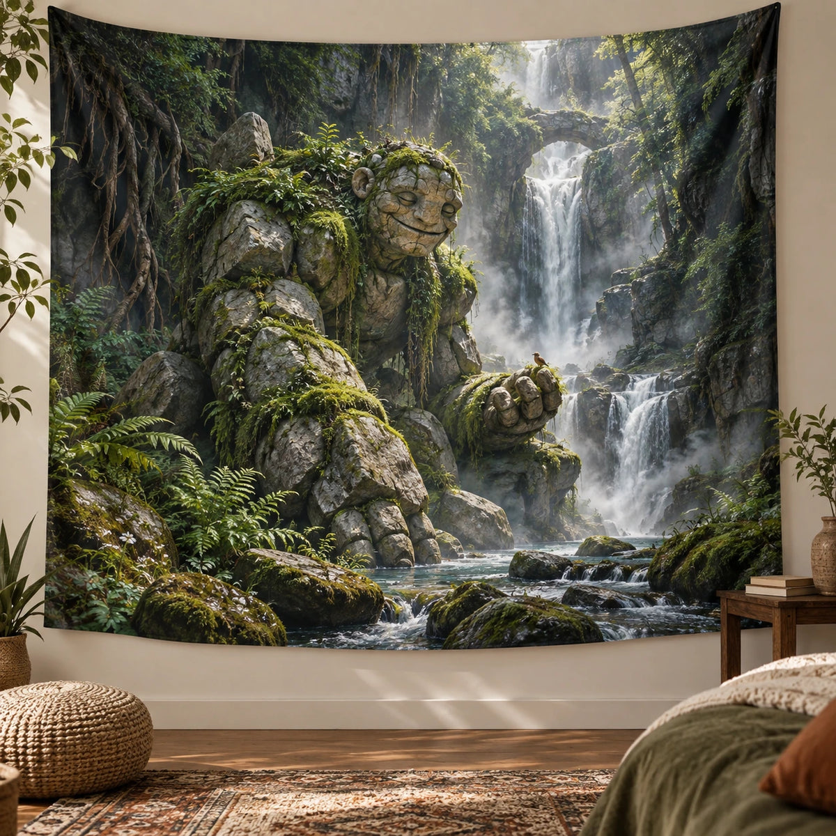 Stone Golem Hidden Waterfall Wall Tapestry with printed 3D depth