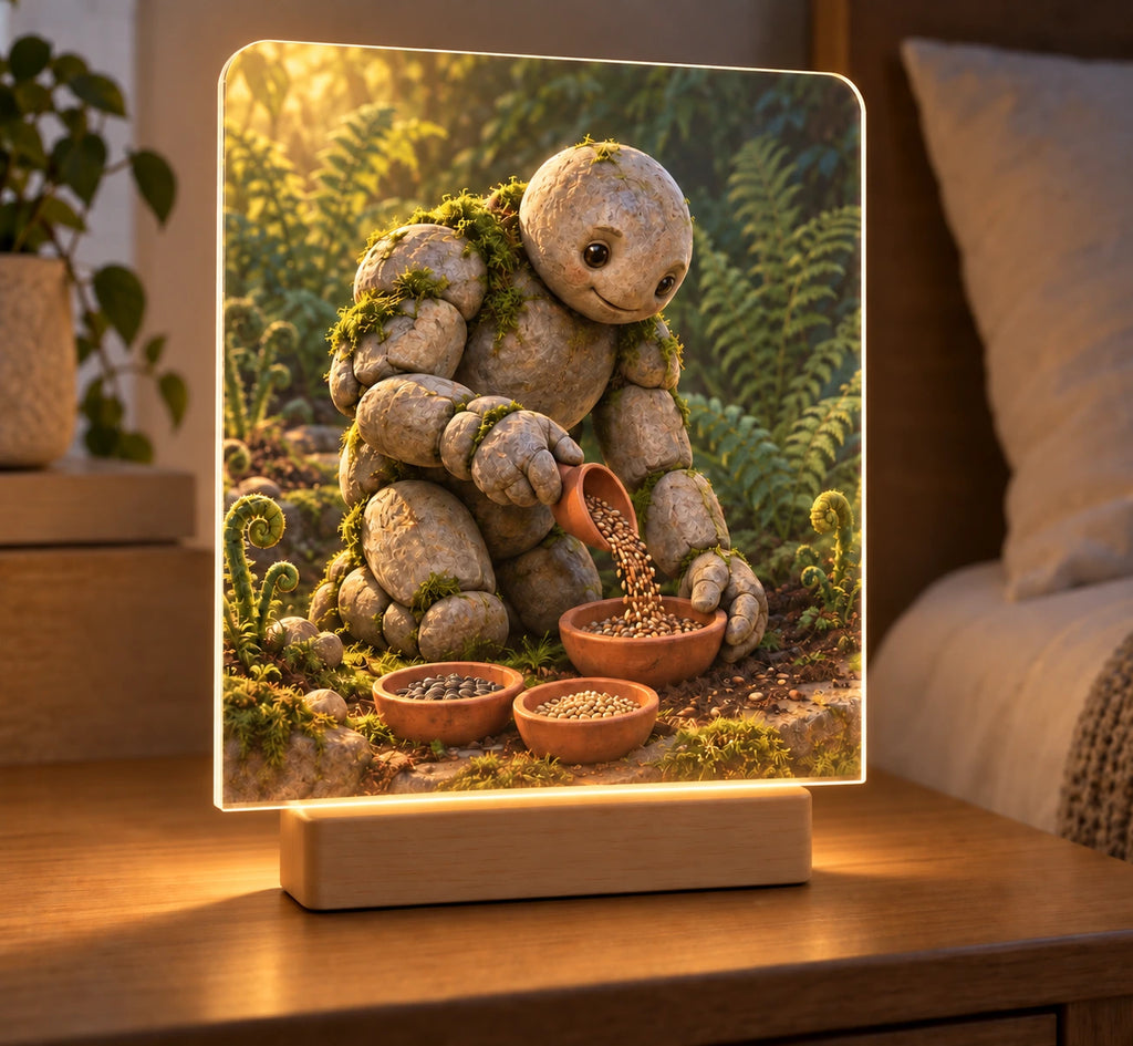 Stone Golem Seed Keeper Acrylic Night Light with printed pebble character and mossy garden depth