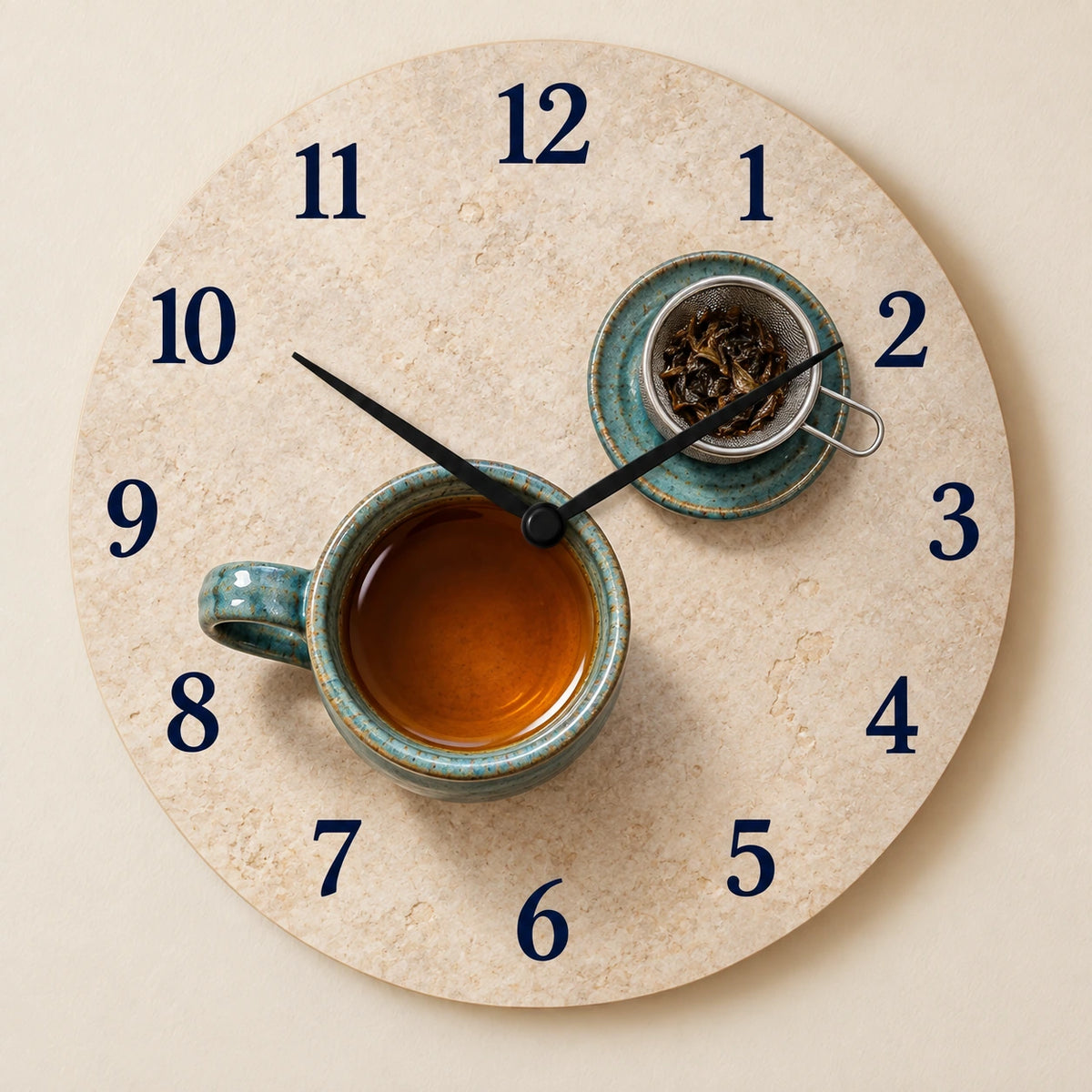 Stoneware Tea Mug Steeping Wooden Wall Clock with printed glaze and infuser depth