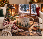 Stoneware Tea Mug Winter Warmth Fleece Throw Blanket with printed dimensional tea artwork