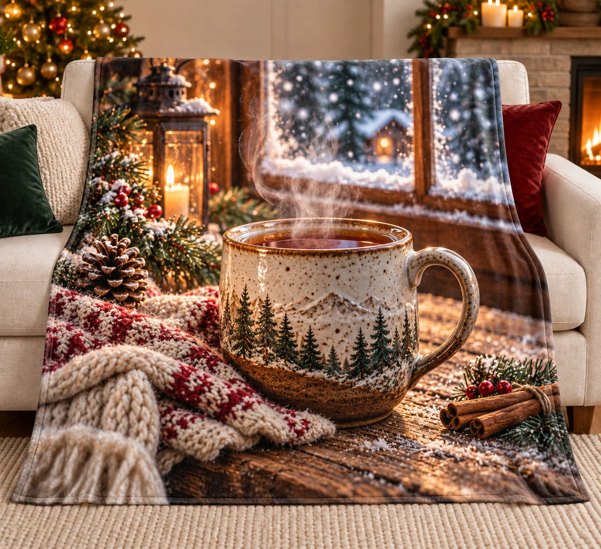 Stoneware Tea Mug Winter Warmth Fleece Throw Blanket with printed dimensional tea artwork