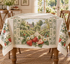 Strawberry Garden Tile Tablecloth with printed dimensional strawberries and garden tile medallion