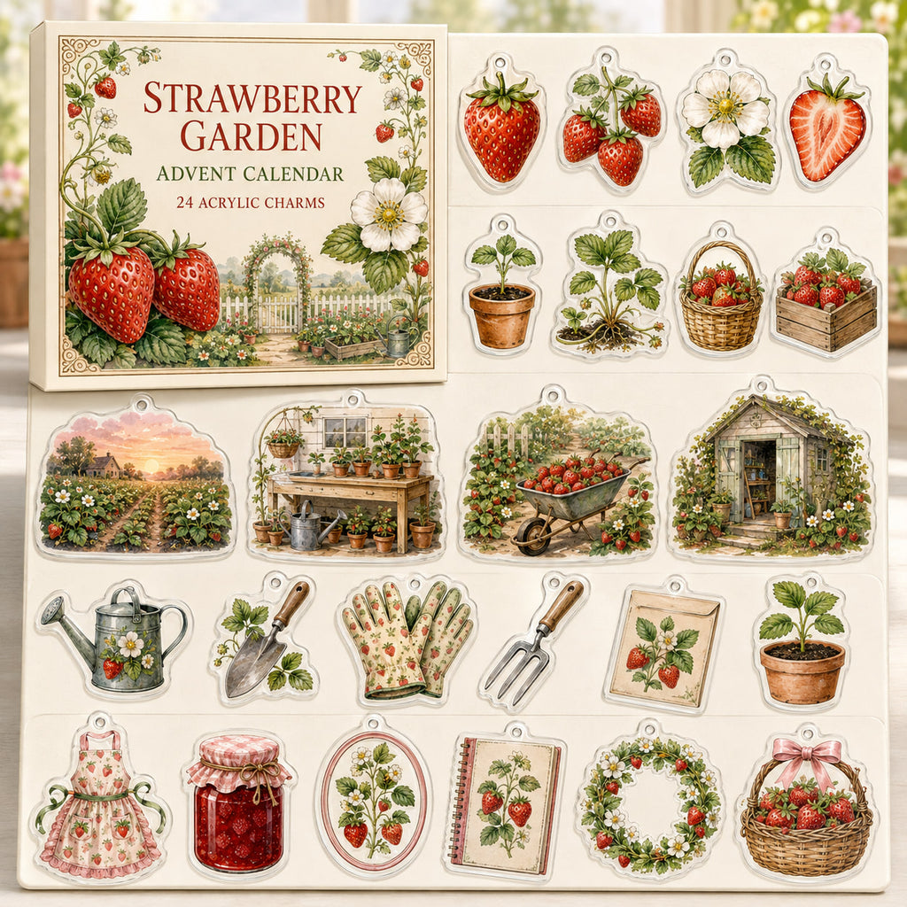 Strawberry Growing advent calendar box and 24 printed acrylic fruit garden charms