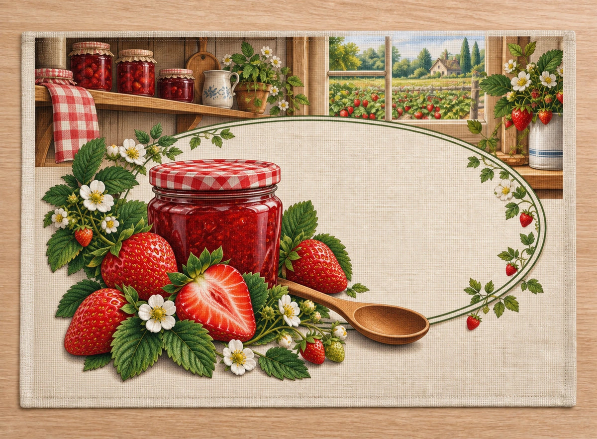 Strawberry Jam Pantry Placemat with flat printed dimensional fruit artwork