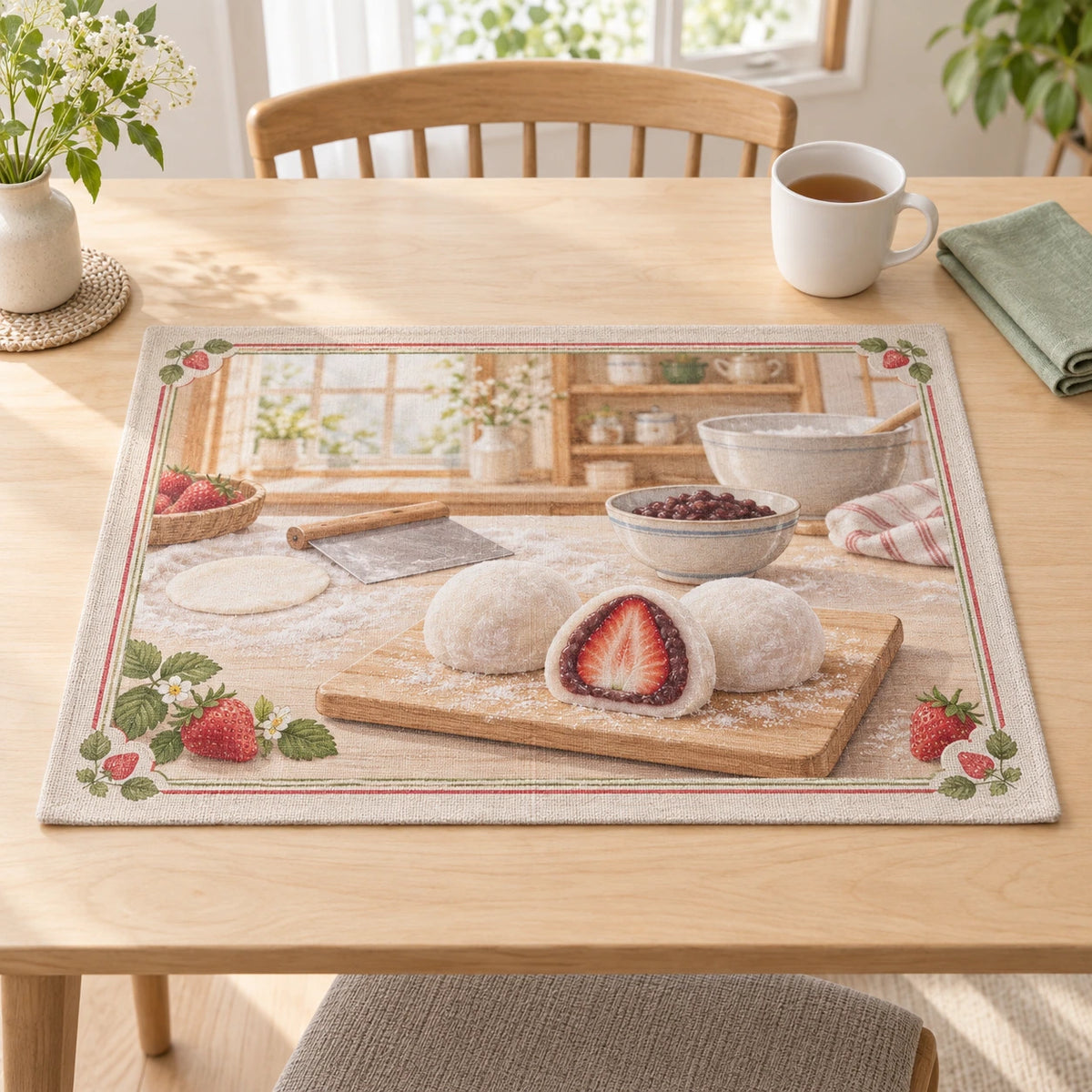 Strawberry Mochi Kitchen Placemat with original printed optical 3D artwork