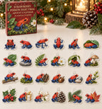 Strawberry Poison Dart Frog advent calendar with 24 custom-shaped flat acrylic charms and printed dimensional artwork