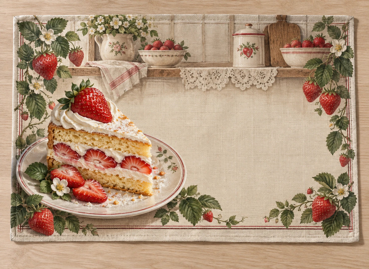 Strawberry Shortcake Kitchen Placemat with flat printed dimensional bakery artwork
