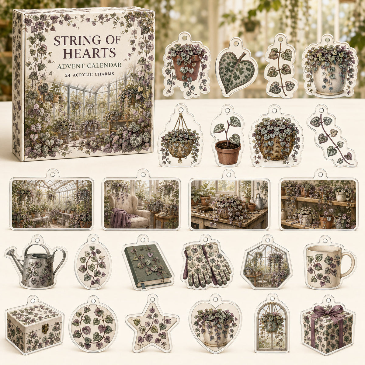 String of Hearts Plant advent calendar box and 24 trailing-plant-themed printed acrylic charms