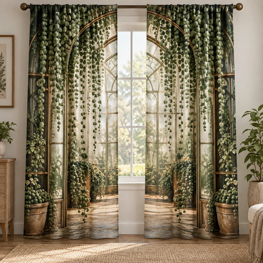 String of Pearls Arched Greenhouse Window Curtains with printed dimensional artwork