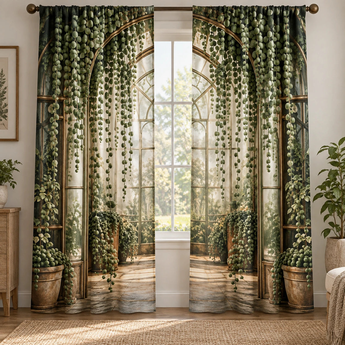 String of Pearls Arched Greenhouse Window Curtains with printed dimensional artwork