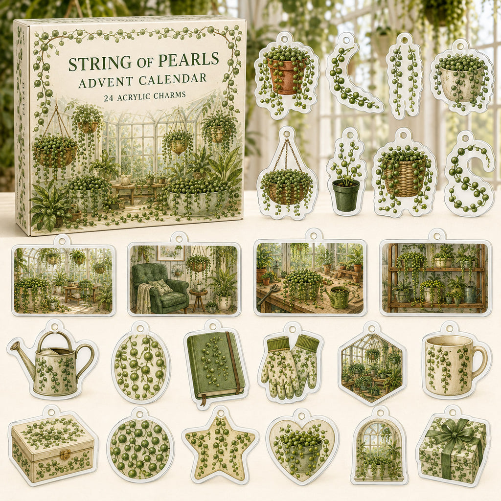 String of Pearls Plant advent calendar box and 24 trailing-plant-themed printed acrylic charms