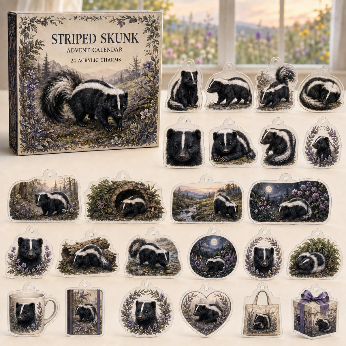Striped Skunk advent calendar box with 24 themed flat printed acrylic charms