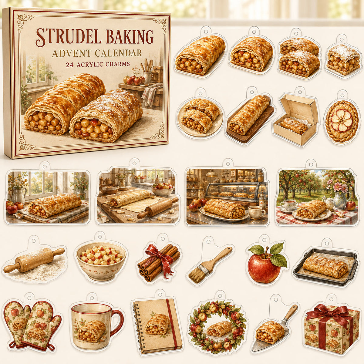 Strudel Baking advent calendar box with 24 themed printed acrylic charms