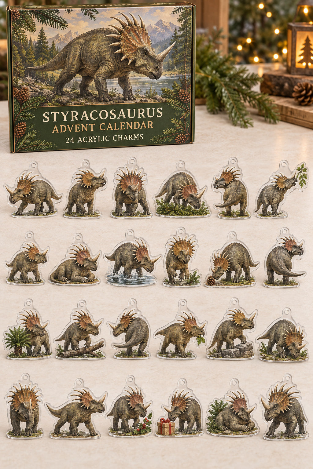 Styracosaurus advent calendar with 24 custom-shaped flat acrylic charms and printed dimensional artwork