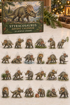 Styracosaurus advent calendar with 24 custom-shaped flat acrylic charms and printed dimensional artwork