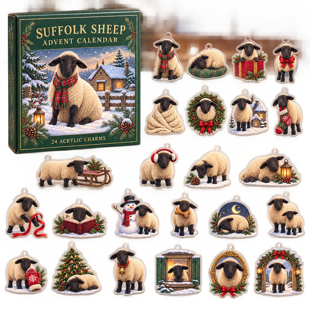 Suffolk Sheep advent calendar box and full set of 24 illustrated acrylic charms on a light tabletop