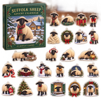 Suffolk Sheep advent calendar box and full set of 24 illustrated acrylic charms on a light tabletop