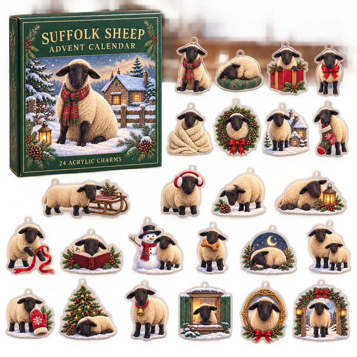 Suffolk Sheep advent calendar box and full set of 24 illustrated acrylic charms on a light tabletop