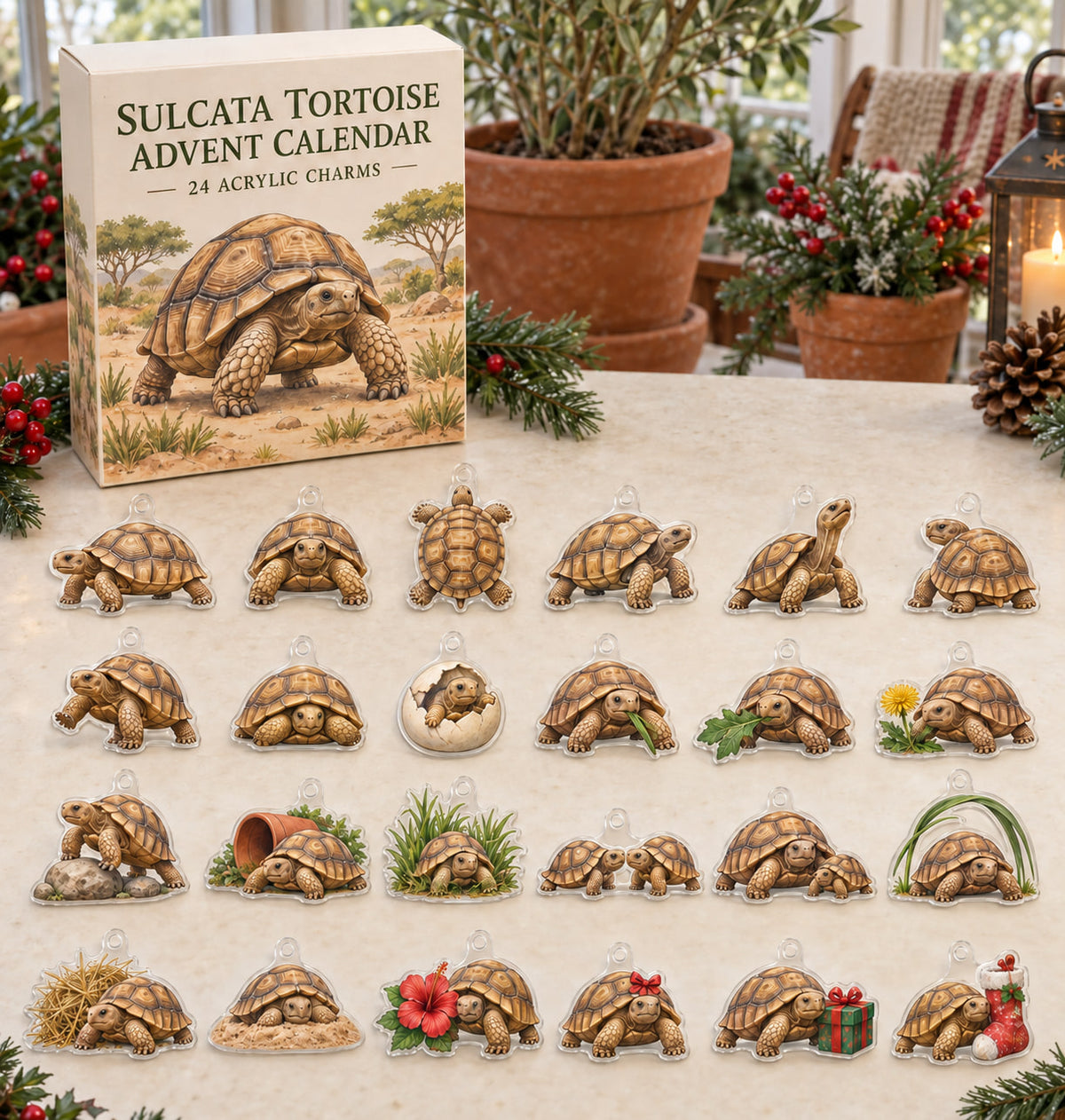 Sulcata Tortoise advent calendar with 24 custom-shaped flat acrylic charms and printed dimensional artwork