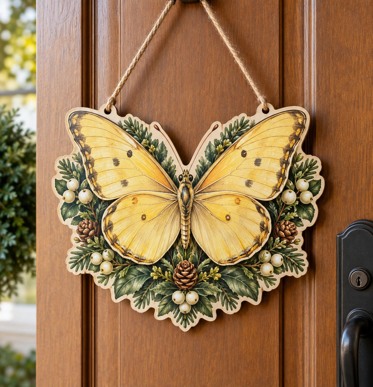 Sulphur Butterfly Evergreen Jewel Custom Shape Door Hanger with printed dimensional artwork