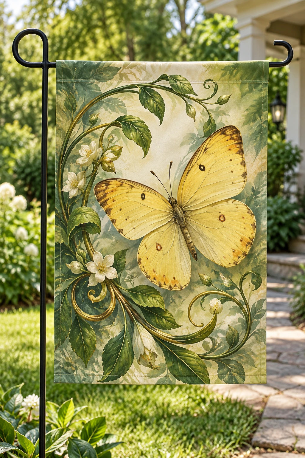 Sulphur Butterfly Vine Spiral Garden Flag with printed dimensional artwork