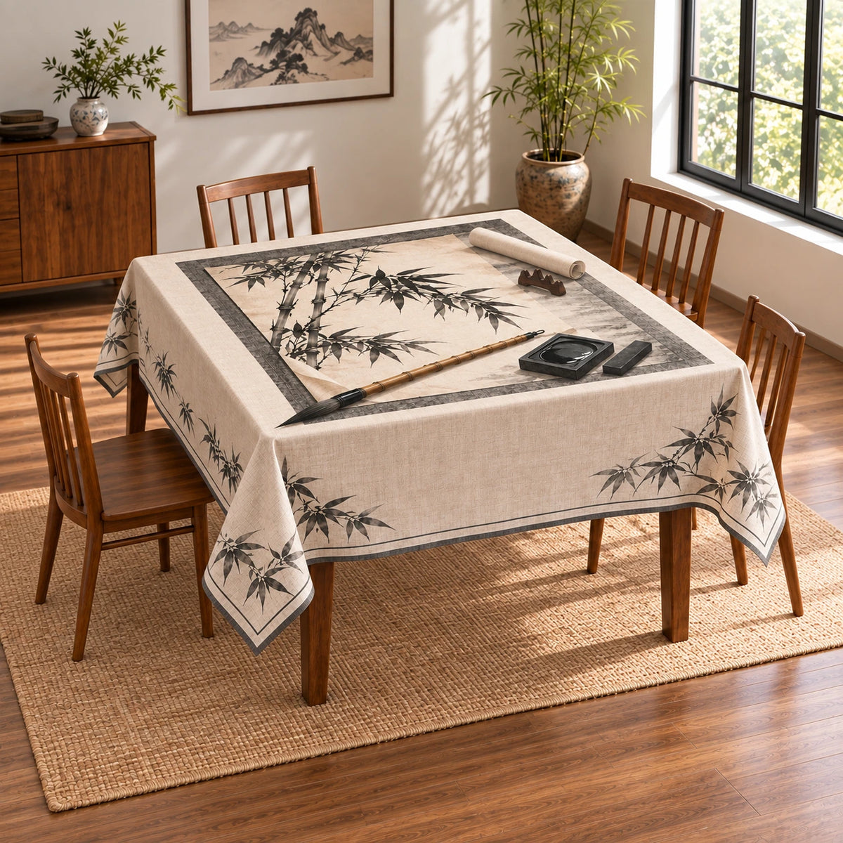 Sumi-e Bamboo Ink Studio Tablecloth with original printed optical 3D artwork