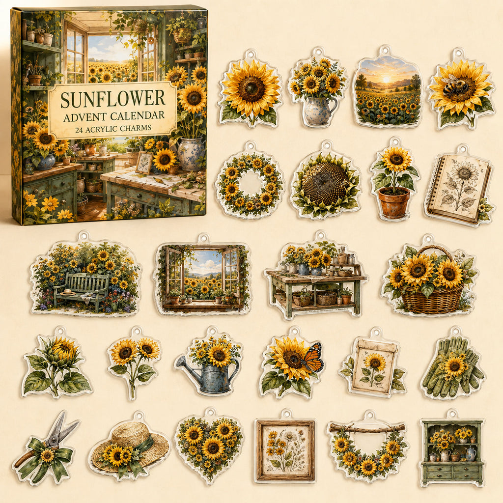Sunflower advent calendar box with 24 printed botanical and garden acrylic charms