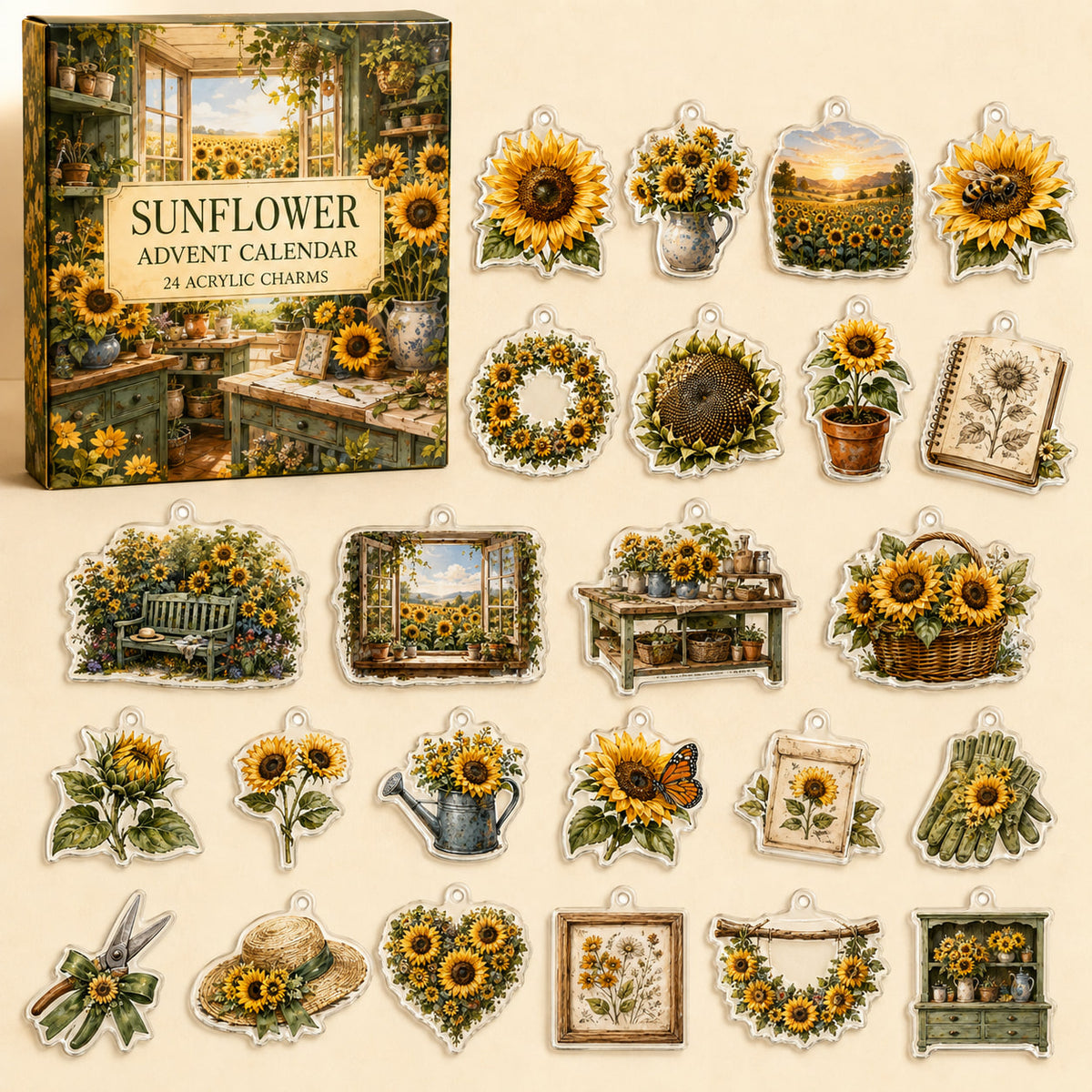 Sunflower advent calendar box with 24 printed botanical and garden acrylic charms