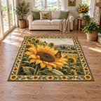 Sunflower Butterfly Visitor Area Rug with golden sunflower, small monarch butterfly and leafy border in a cottage setting