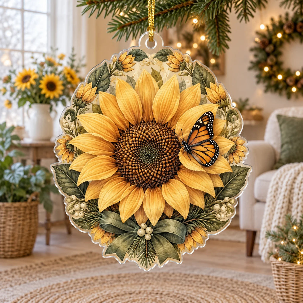 Sunflower Butterfly Visitor Christmas Ornament with golden sunflower, small monarch butterfly and leafy border in a cottage setting