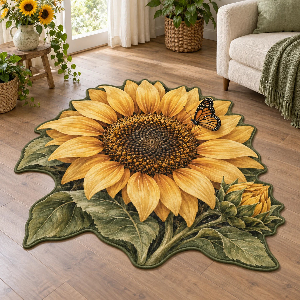 Sunflower Butterfly Visitor Custom Shape Area Rug with golden sunflower, small butterfly and leafy frame in a cottage setting