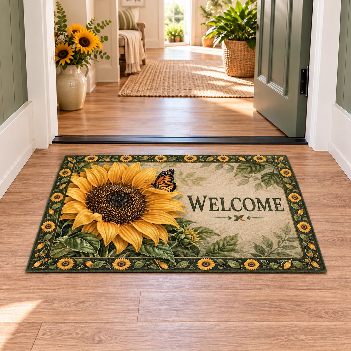 Sunflower Butterfly Visitor Doormat with golden sunflower, small monarch butterfly and leafy border in a cottage setting