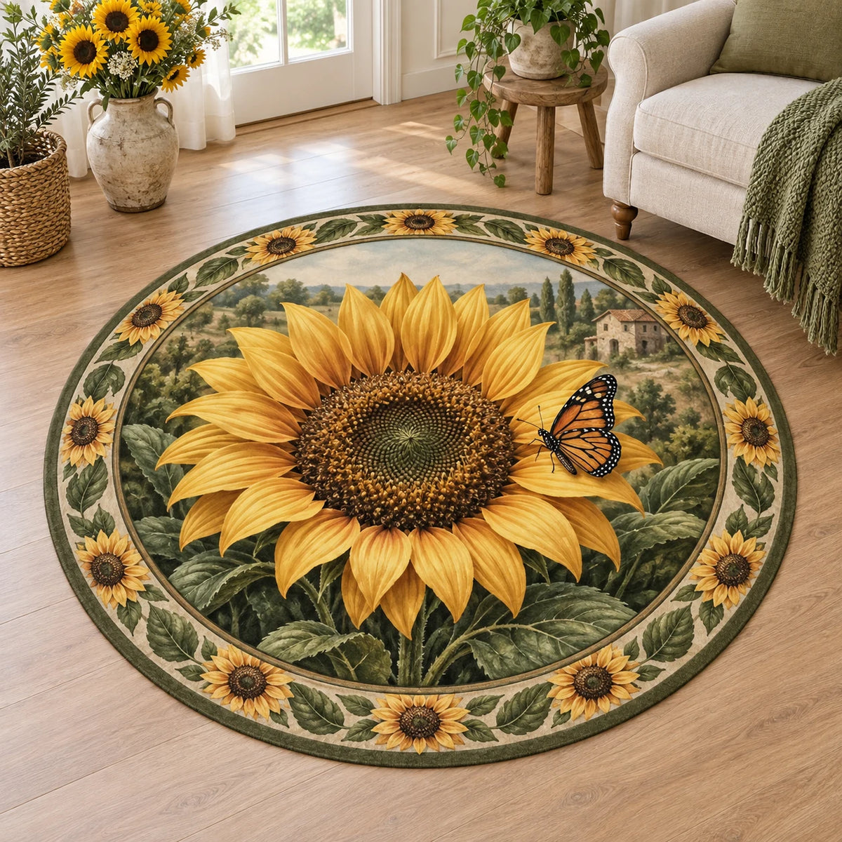 Sunflower Butterfly Visitor Round Mat Rug with golden sunflower, small monarch butterfly and leafy border in a cottage setting