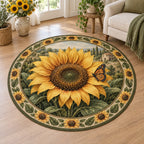 Sunflower Butterfly Visitor Round Mat Rug with golden sunflower, small monarch butterfly and leafy border in a cottage setting
