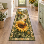 Sunflower Butterfly Visitor Runner Rug with golden sunflower, small monarch butterfly and leafy border in a cottage setting