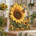 Sunflower Butterfly Visitor Wooden Block 3 Layer with golden sunflower, small butterfly and leafy frame in a cottage setting