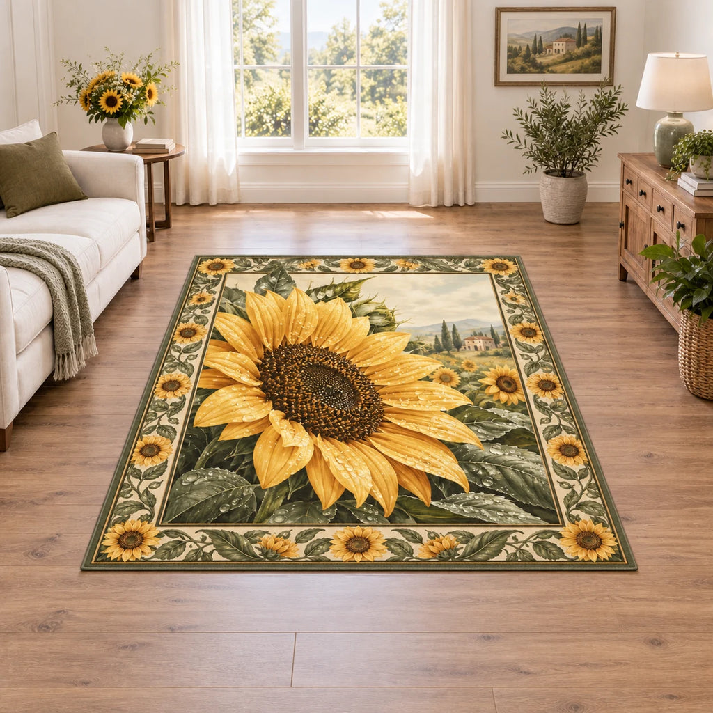 Sunflower Dewdrop Morning Area Rug with golden petals and printed dew in a coordinating cottage setting