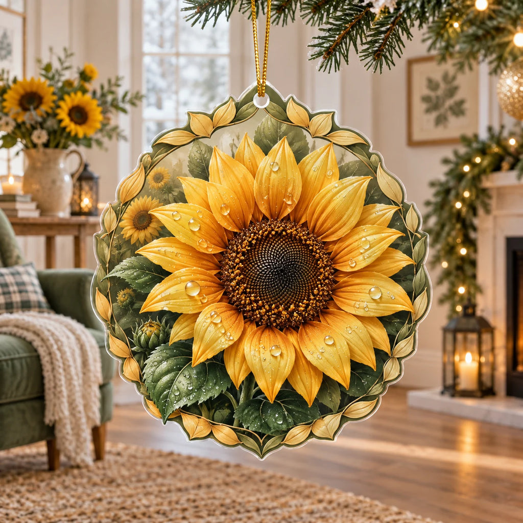Sunflower Dewdrop Morning Christmas Ornament with golden petals and printed dew in a coordinating cottage setting