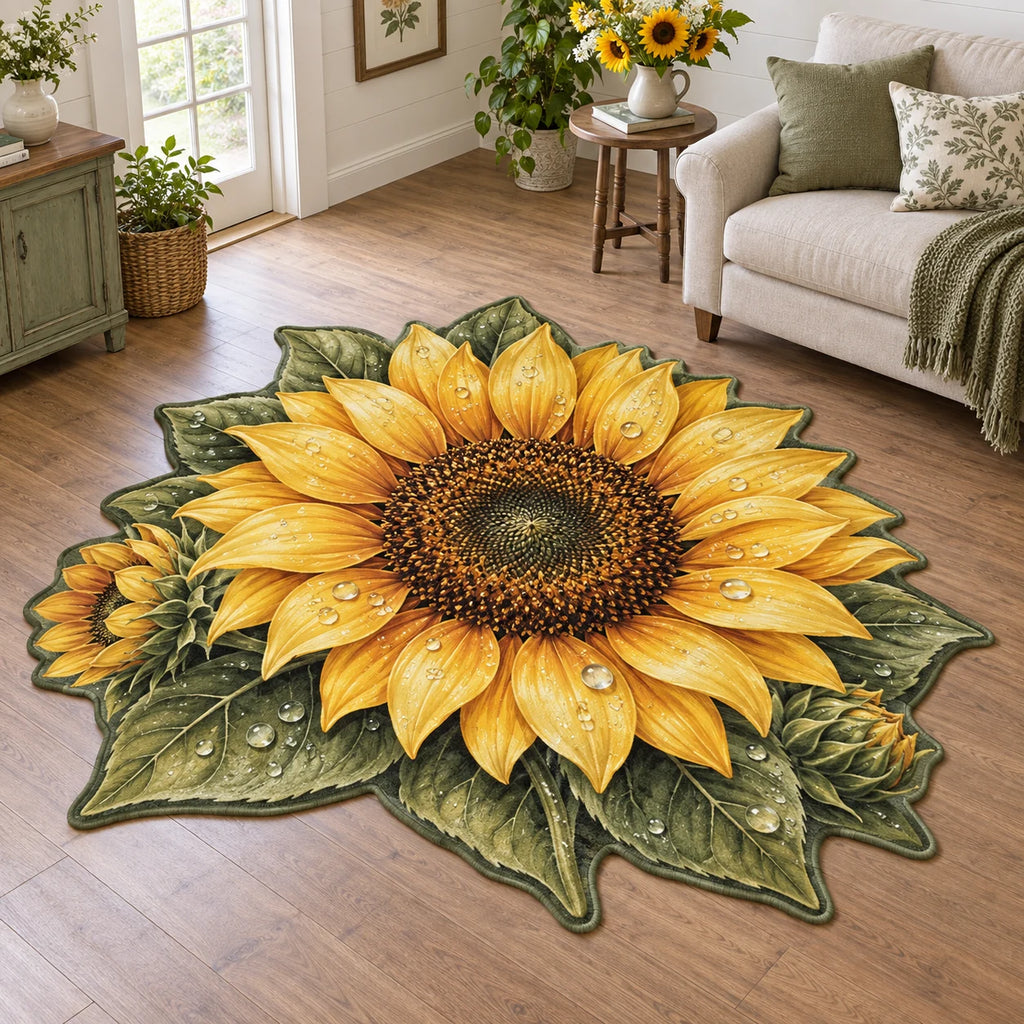 Sunflower Dewdrop Morning Custom Shape Area Rug with golden petals and printed dew in a coordinating cottage setting
