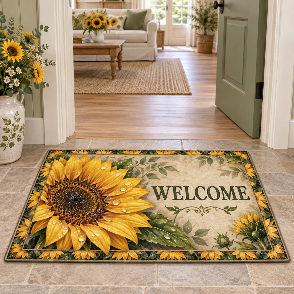 Sunflower Dewdrop Morning Doormat with golden petals and printed dew in a coordinating cottage setting