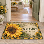 Sunflower Dewdrop Morning Doormat with golden petals and printed dew in a coordinating cottage setting