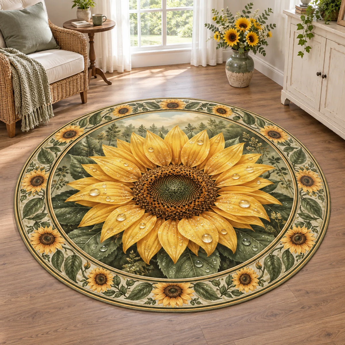 Sunflower Dewdrop Morning Round Mat Rug with golden petals and printed dew in a coordinating cottage setting