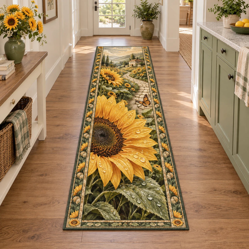 Sunflower Dewdrop Morning Runner Rug with golden petals and printed dew in a coordinating cottage setting