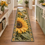 Sunflower Dewdrop Morning Runner Rug with golden petals and printed dew in a coordinating cottage setting