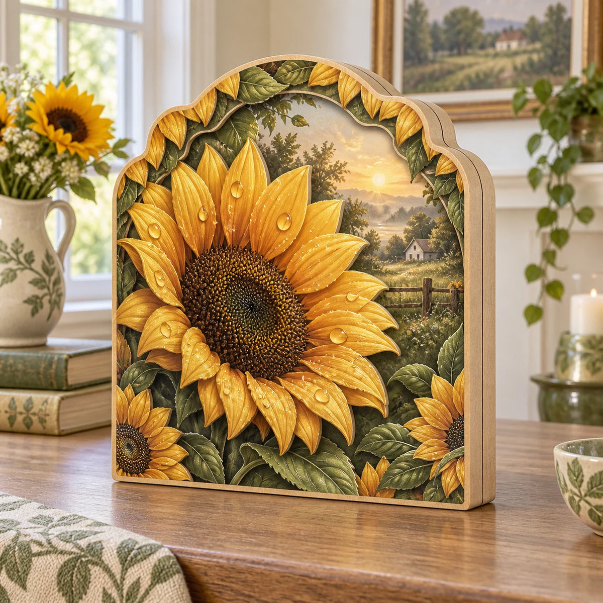 Sunflower Dewdrop Morning Wooden Block 3 Layer featuring a dewy sunflower and country scene on a tabletop