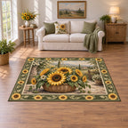Sunflower Garden Basket Area Rug showing golden sunflowers in a woven basket with matching botanical framing