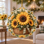 Sunflower Garden Basket Christmas Ornament showing golden sunflowers in a woven basket with matching botanical framing